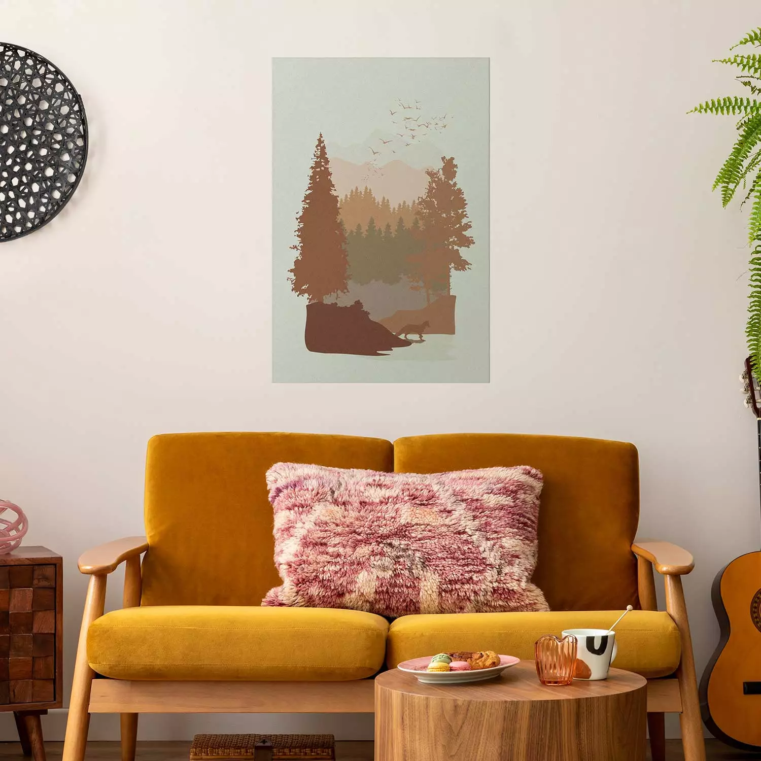 Poster Autumn in the Mountains - autumn landscape of trees on a solid gray background