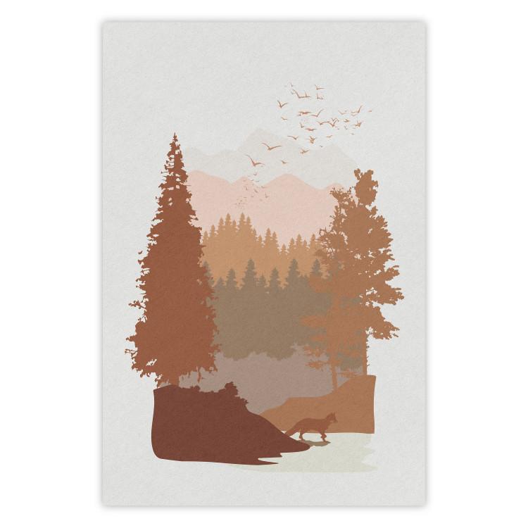 Poster Autumn in the Mountains - autumn landscape of trees on a solid gray background
