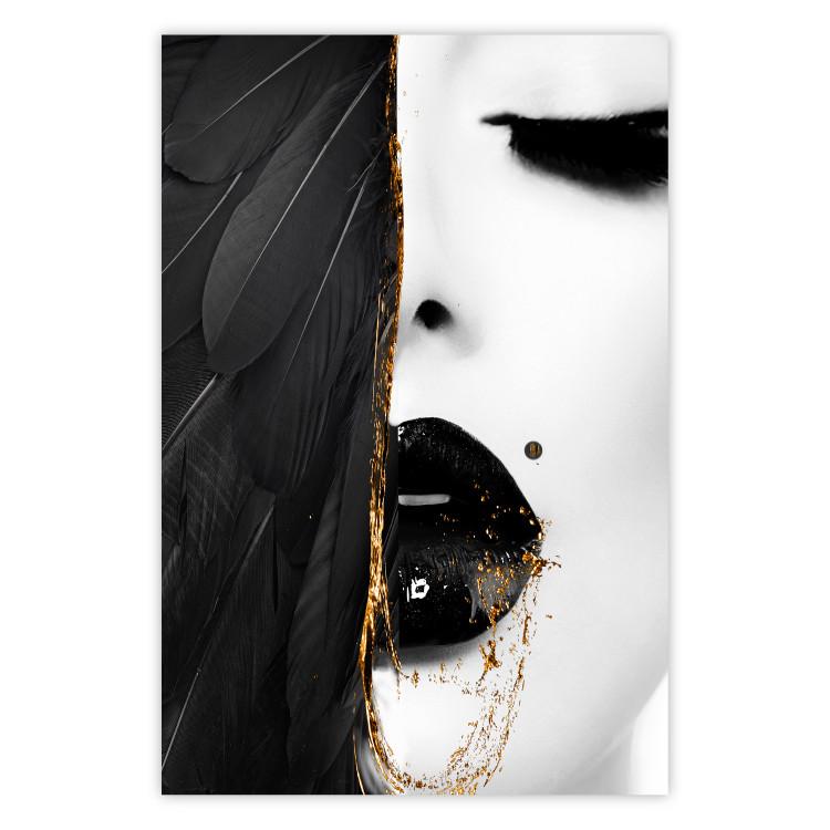 Poster Angel's Gaze - abstract black-and-white woman and black feathers