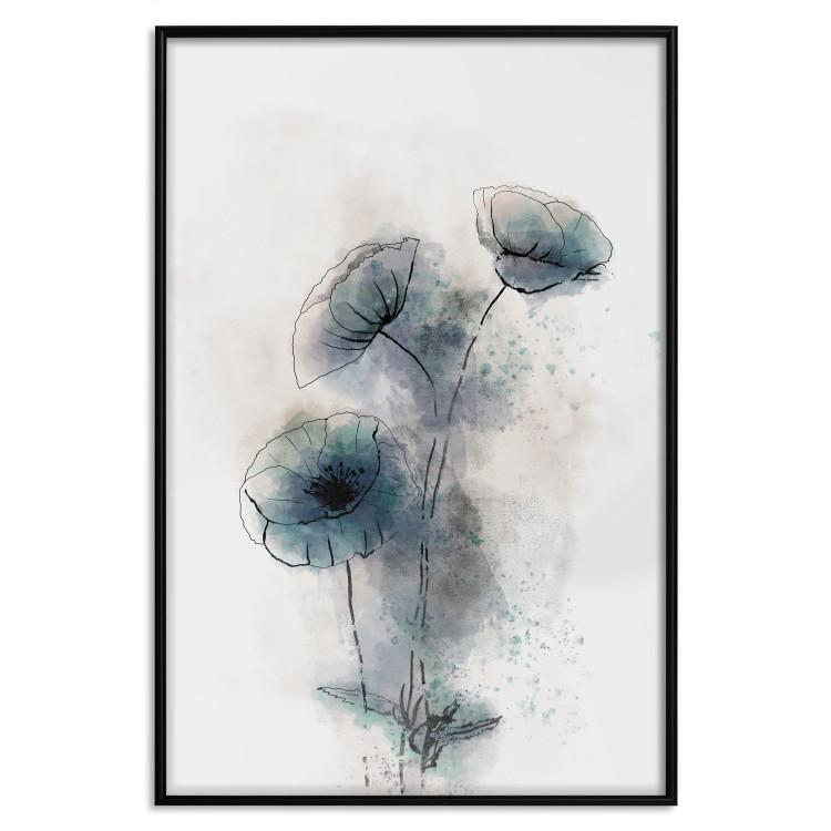 Poster Blue Poppies - line art of a plant with blue flowers on a light background
