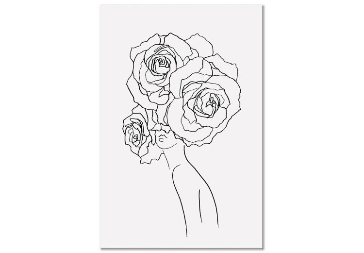 Canvas On the head roses - black-white, linear graphic with woman silhouette