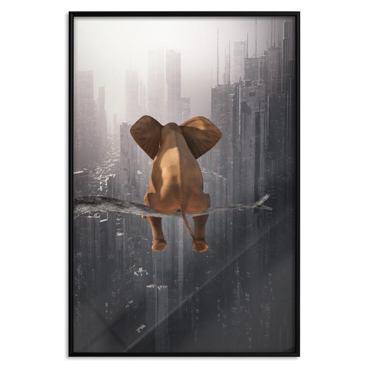 Poster Elephant in the Big City - fantasy animal on a tree against the backdrop of the city