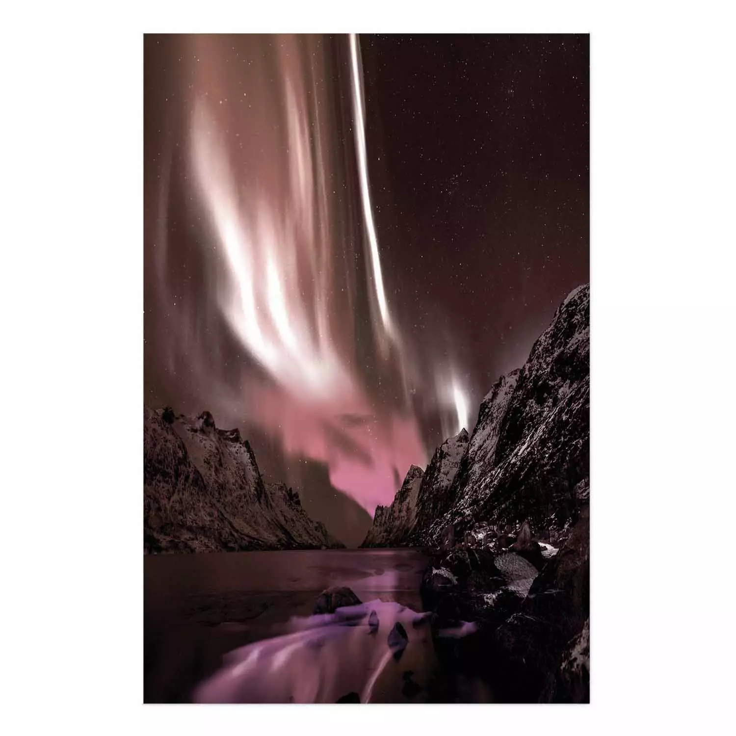 Poster Senna Land - night landscape of pink aurora surrounded by mountains