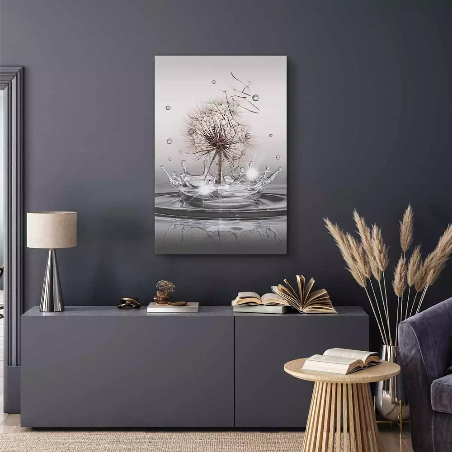 Canvas Wind Drops Vertical - dandelion flower falling into water