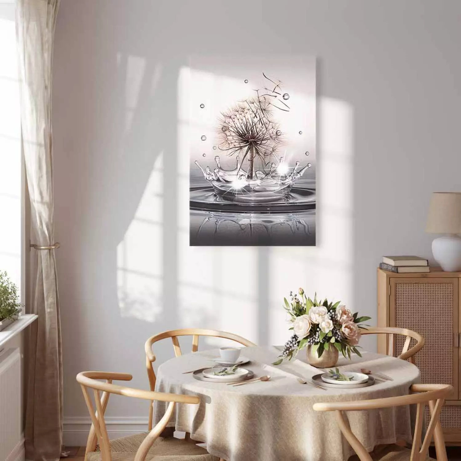 Canvas Wind Drops Vertical - dandelion flower falling into water