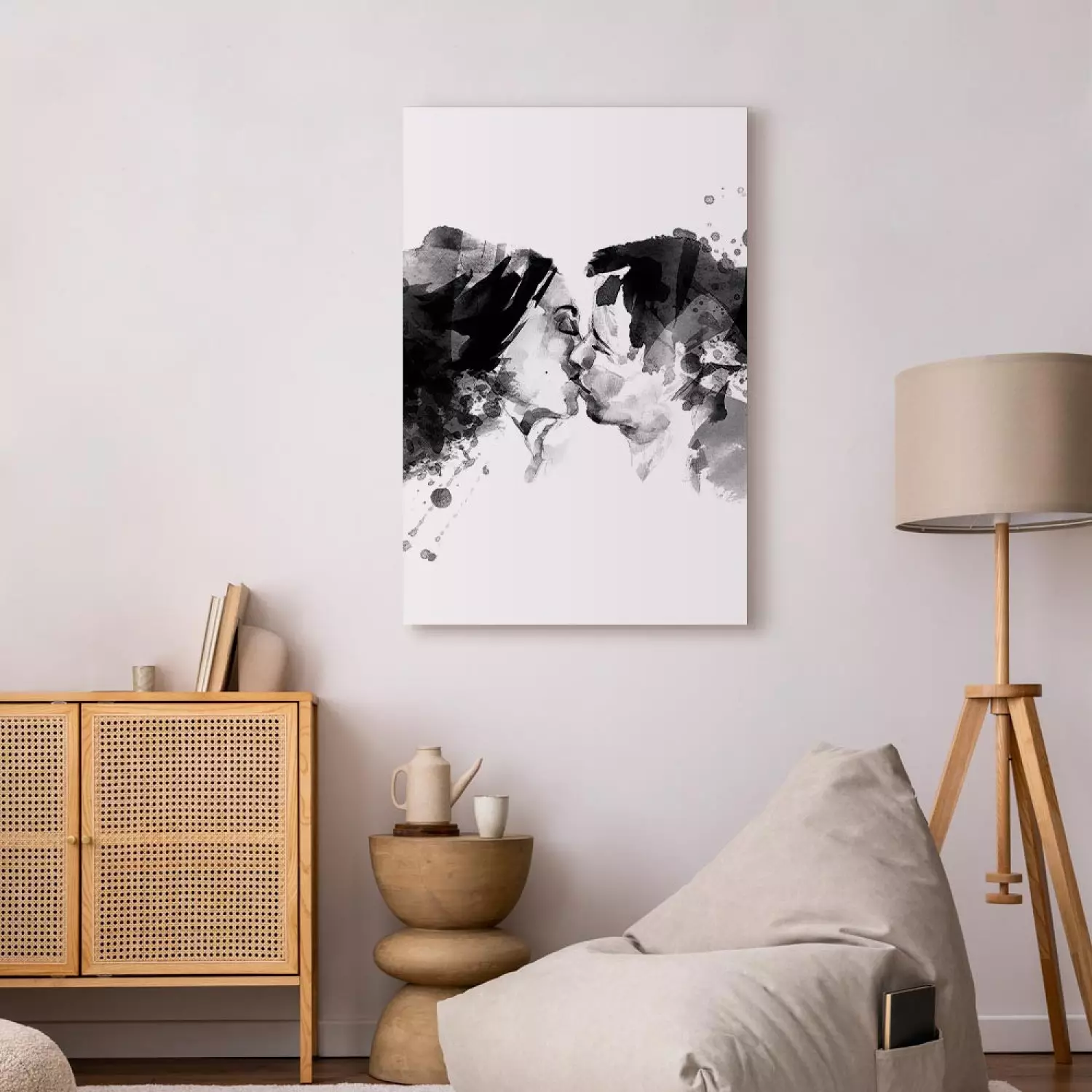 Canvas Art Print Couples kiss - black and white graphic with two people kissing