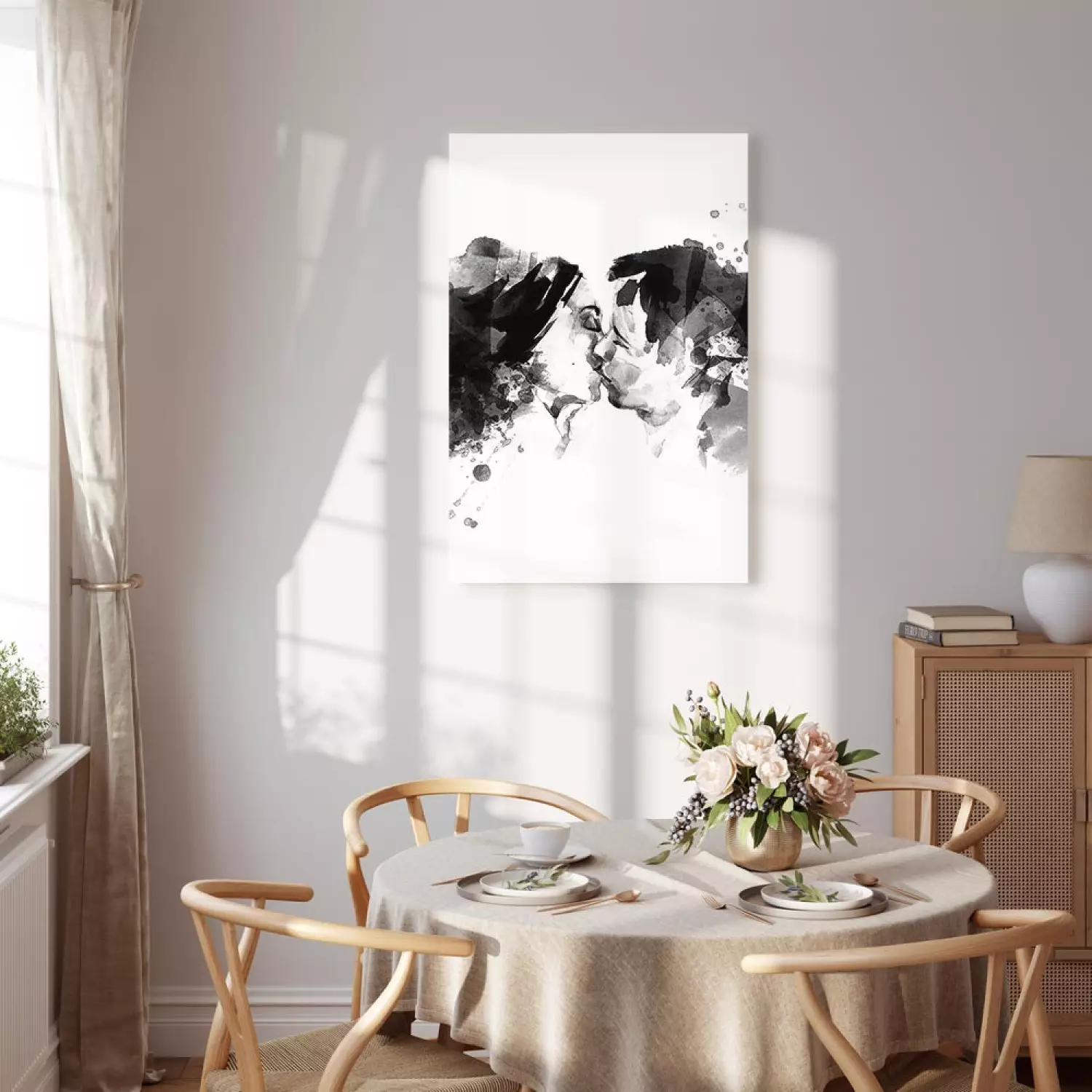 Canvas Art Print Couples kiss - black and white graphic with two people kissing