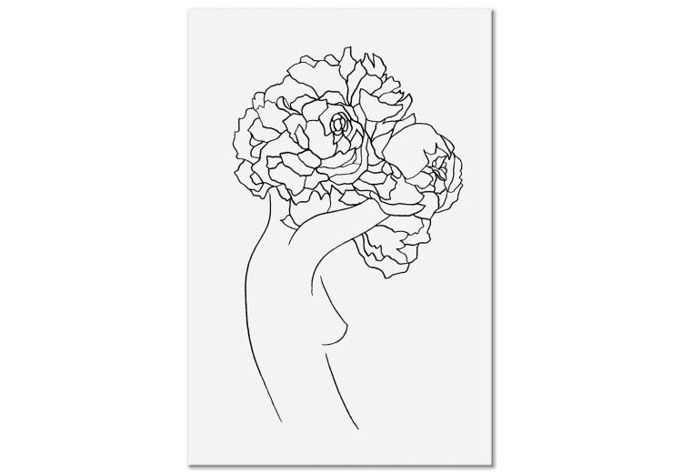 Canvas Figure with flower - black-white, linear woman silhouette and flowers