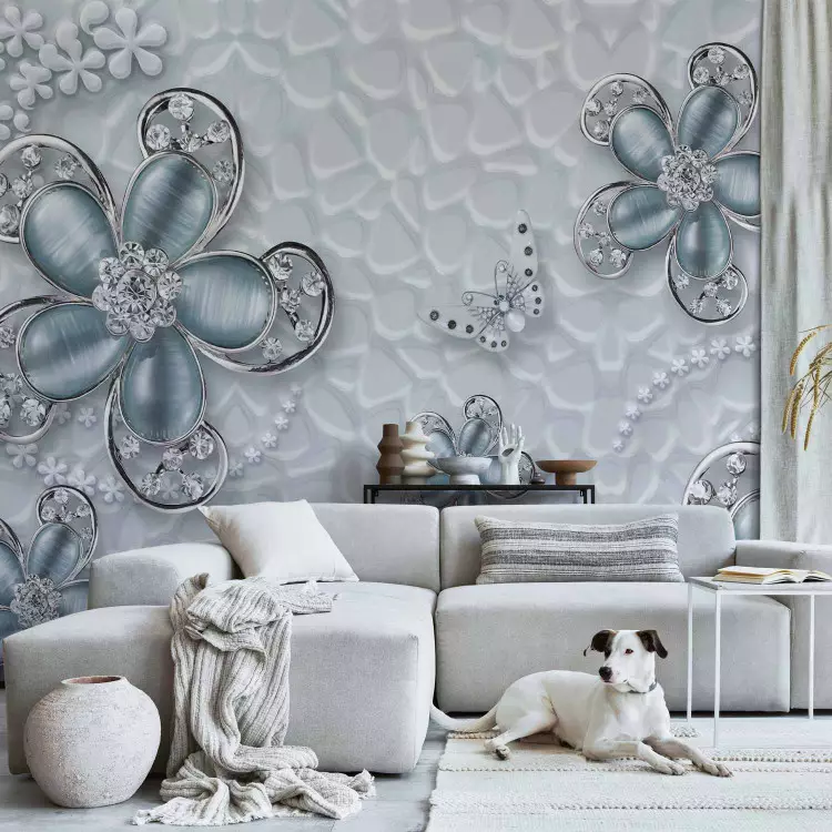 Wall Mural Jewels in flowers - abstract of flowers and butterflies on grey offset