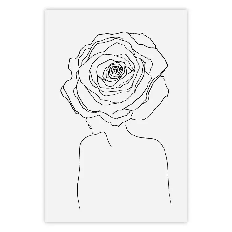 Poster Reversed Glance - black line art of a woman with flowers in her hair