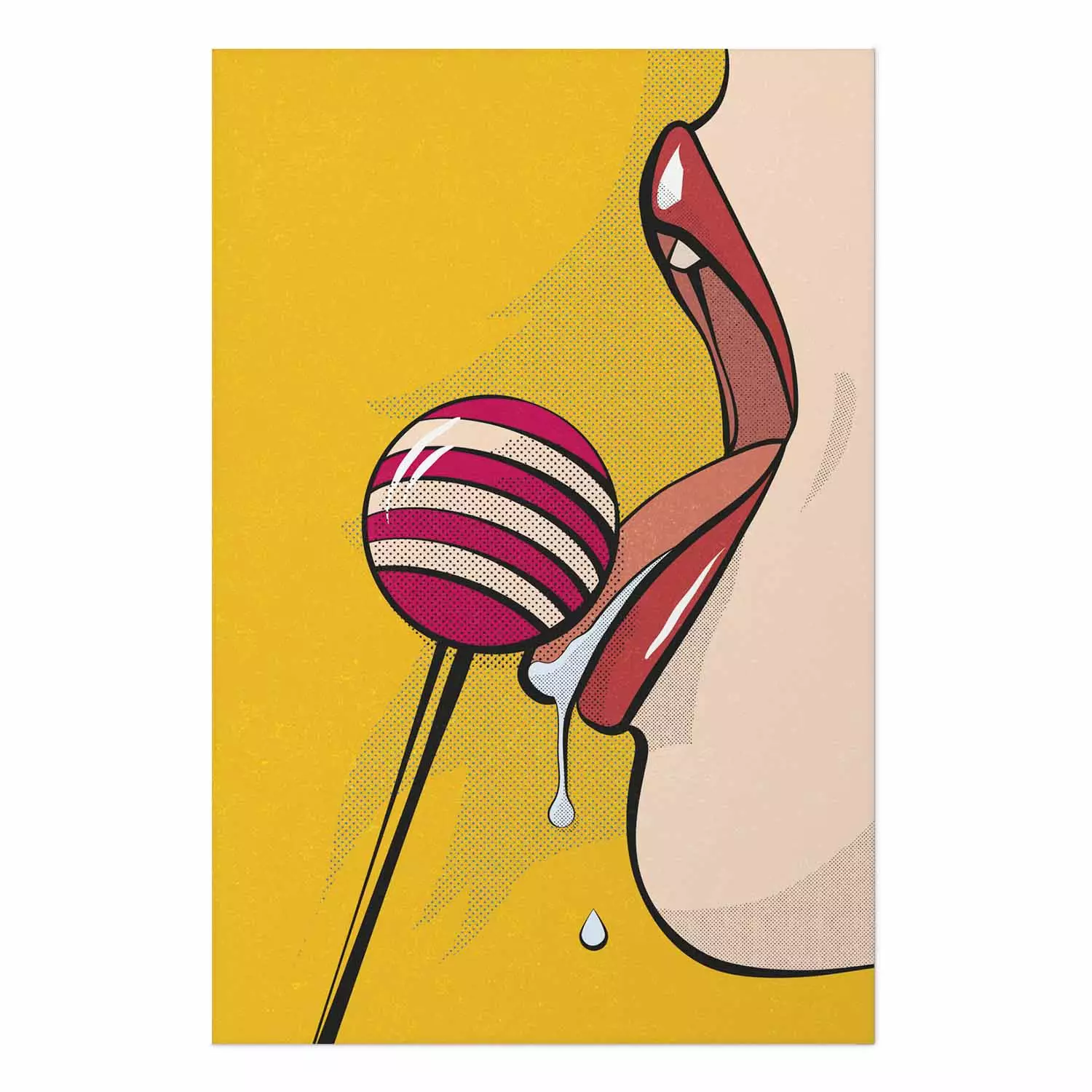 Poster Sweet Lollipop - abstract woman licking a lollipop on a light yellow background