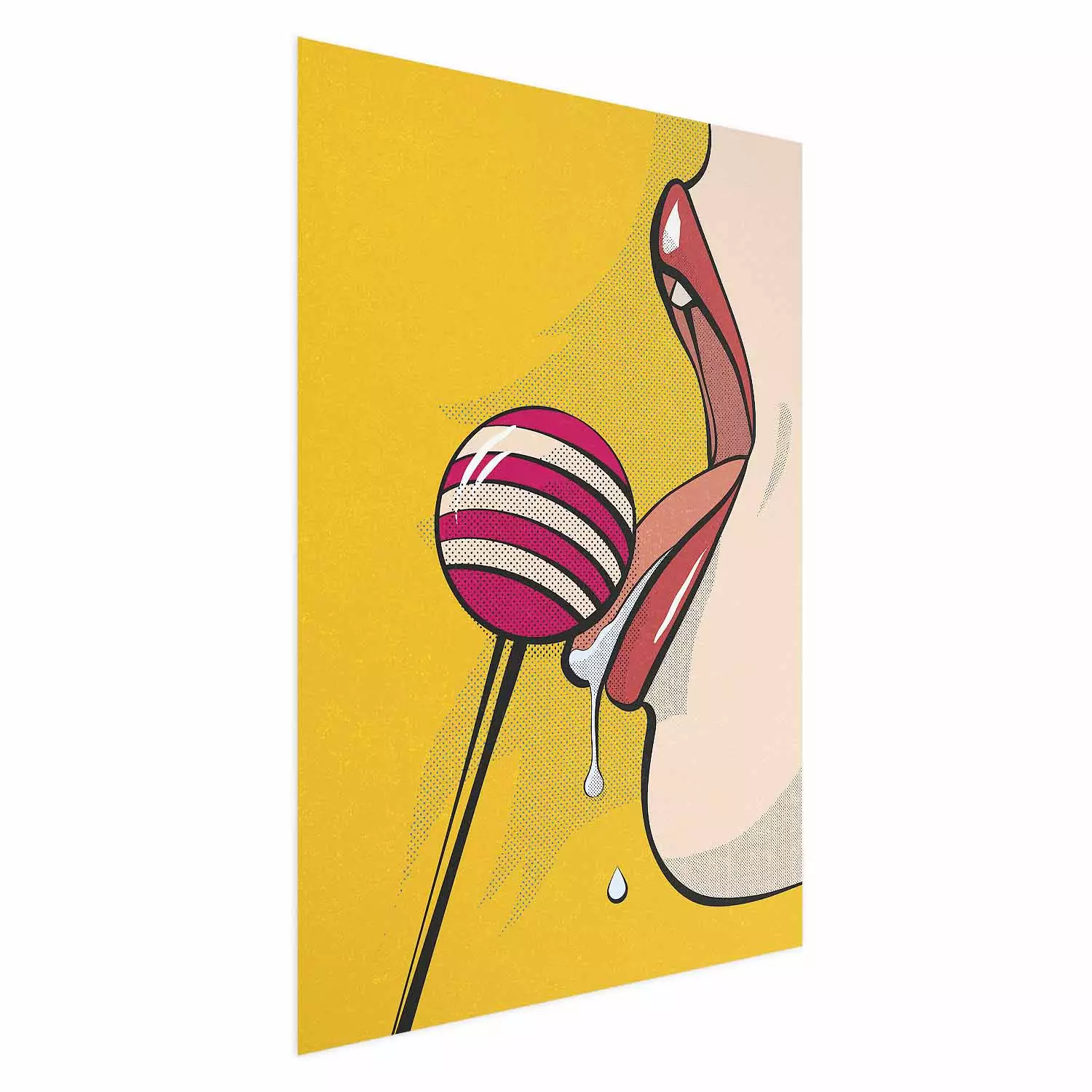Poster Sweet Lollipop - abstract woman licking a lollipop on a light yellow background