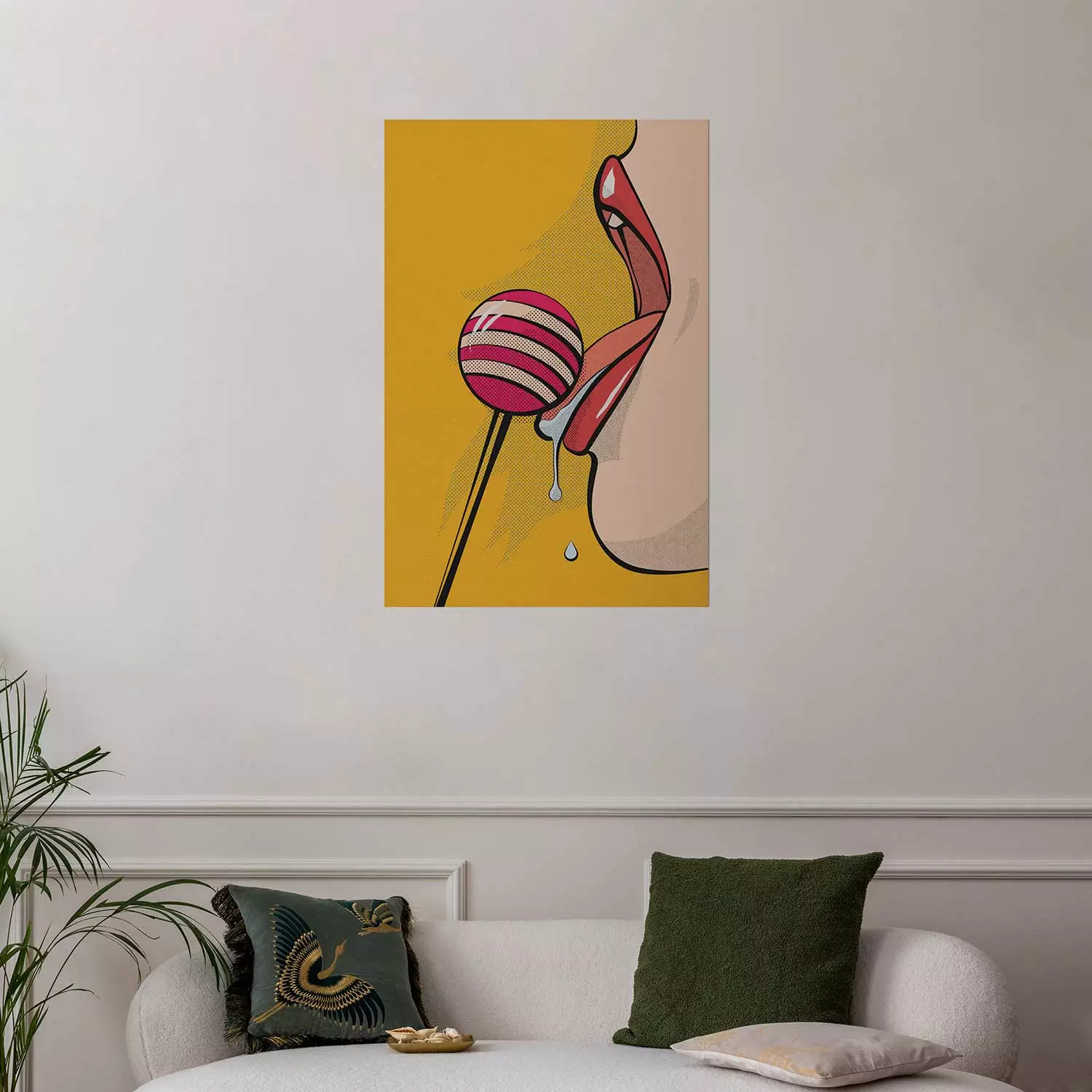 Poster Sweet Lollipop - abstract woman licking a lollipop on a light yellow background