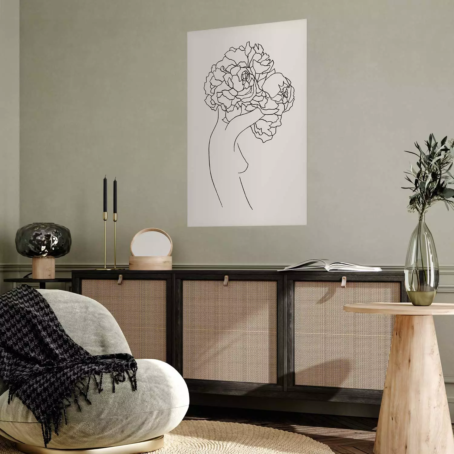 Wall Poster Gardener - abstract line art of a woman with flowers on a white background