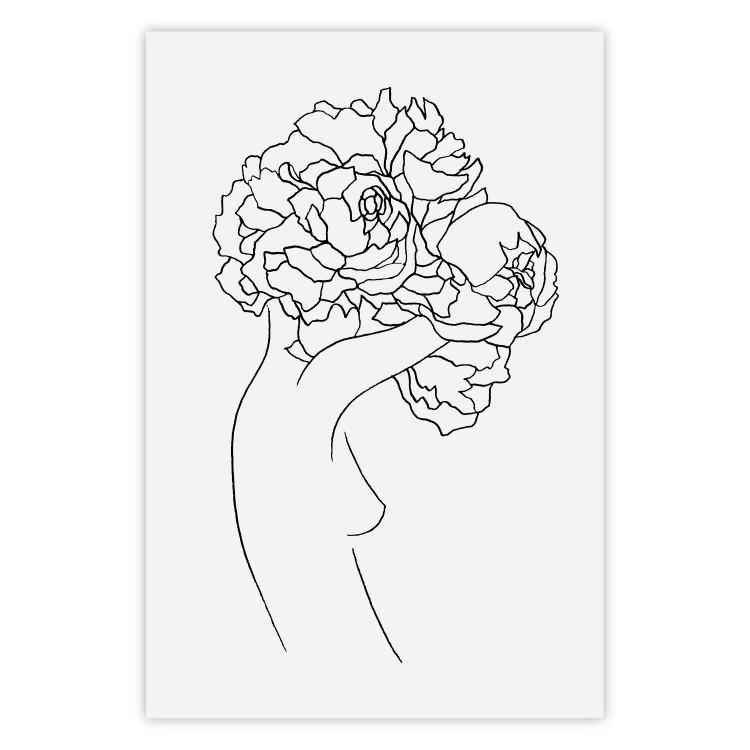 Poster Gardener - abstract line art of a woman with flowers on a white background