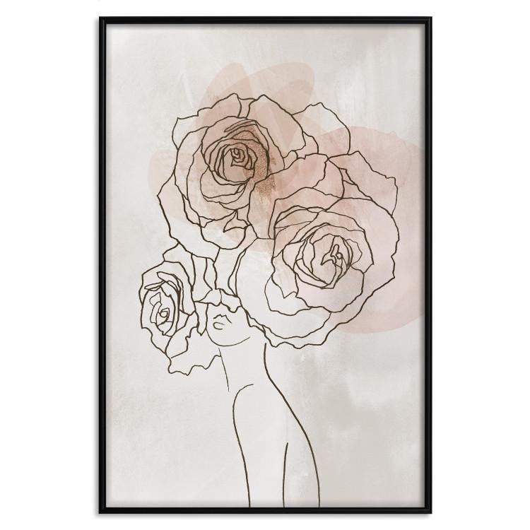 Poster Anna and Roses - abstract black line art of a woman with flowers in her hair