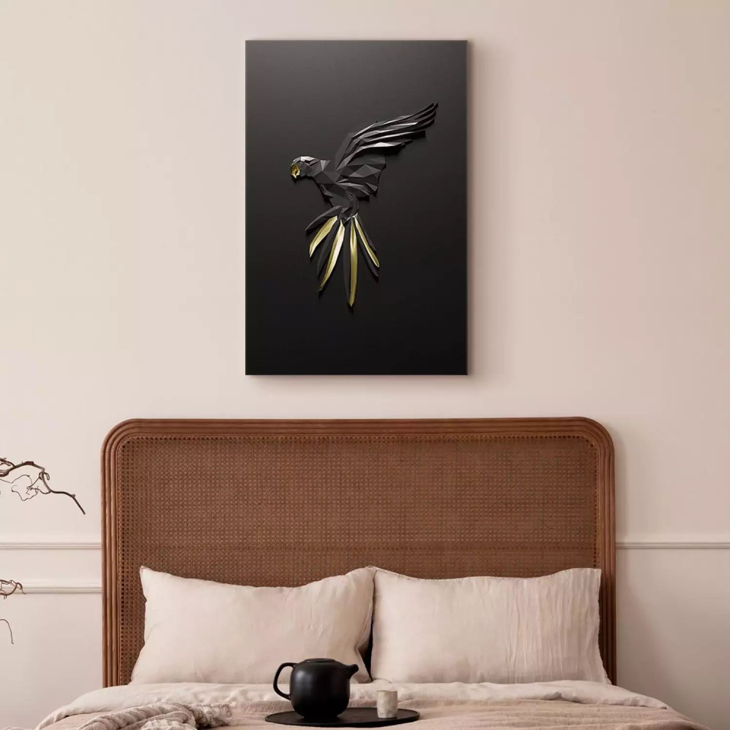 Canvas Print Black Parrot Vertical - bird with geometric texture
