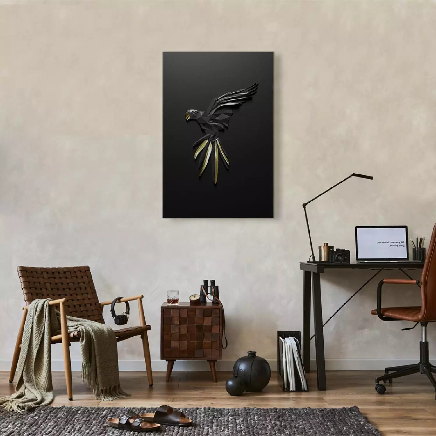 Canvas Print Black Parrot Vertical - bird with geometric texture