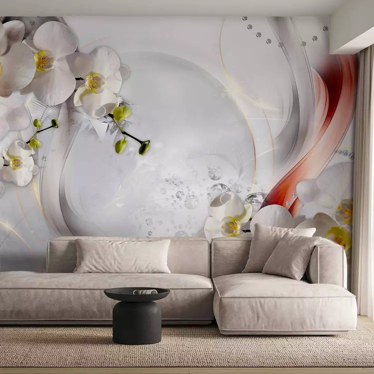 White orchids- abstract composition of flowers on a white background with waves