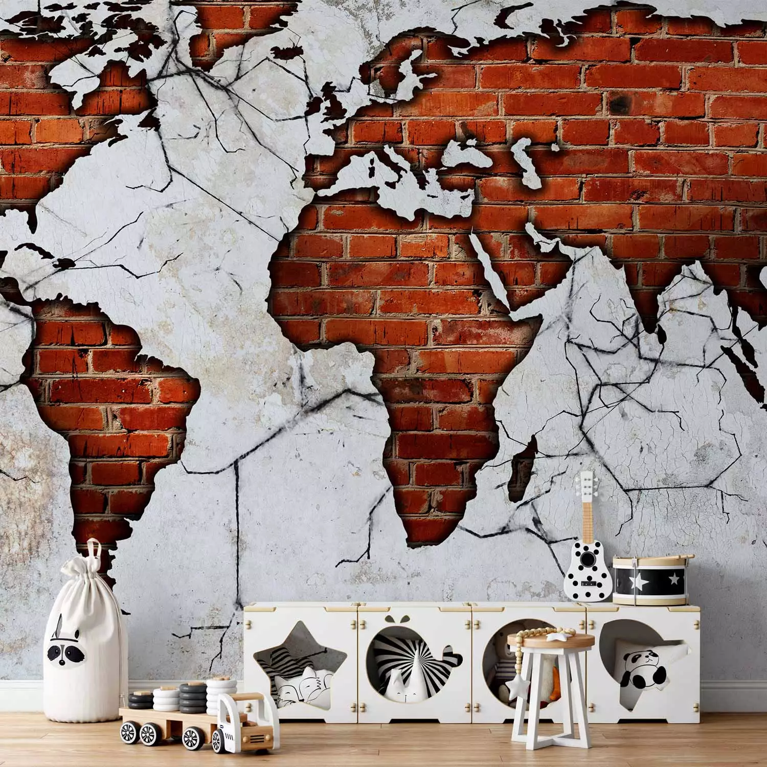 Photo Wallpaper World map - red brick continents on a concrete textured background