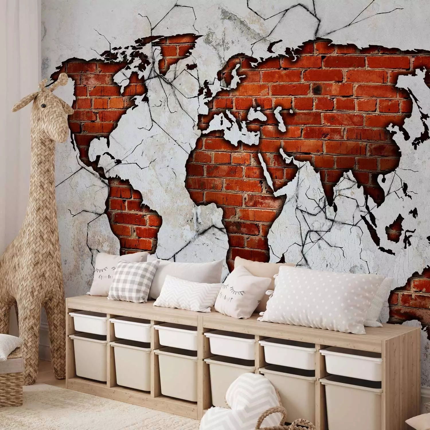 Photo Wallpaper World map - red brick continents on a concrete textured  background - bimago