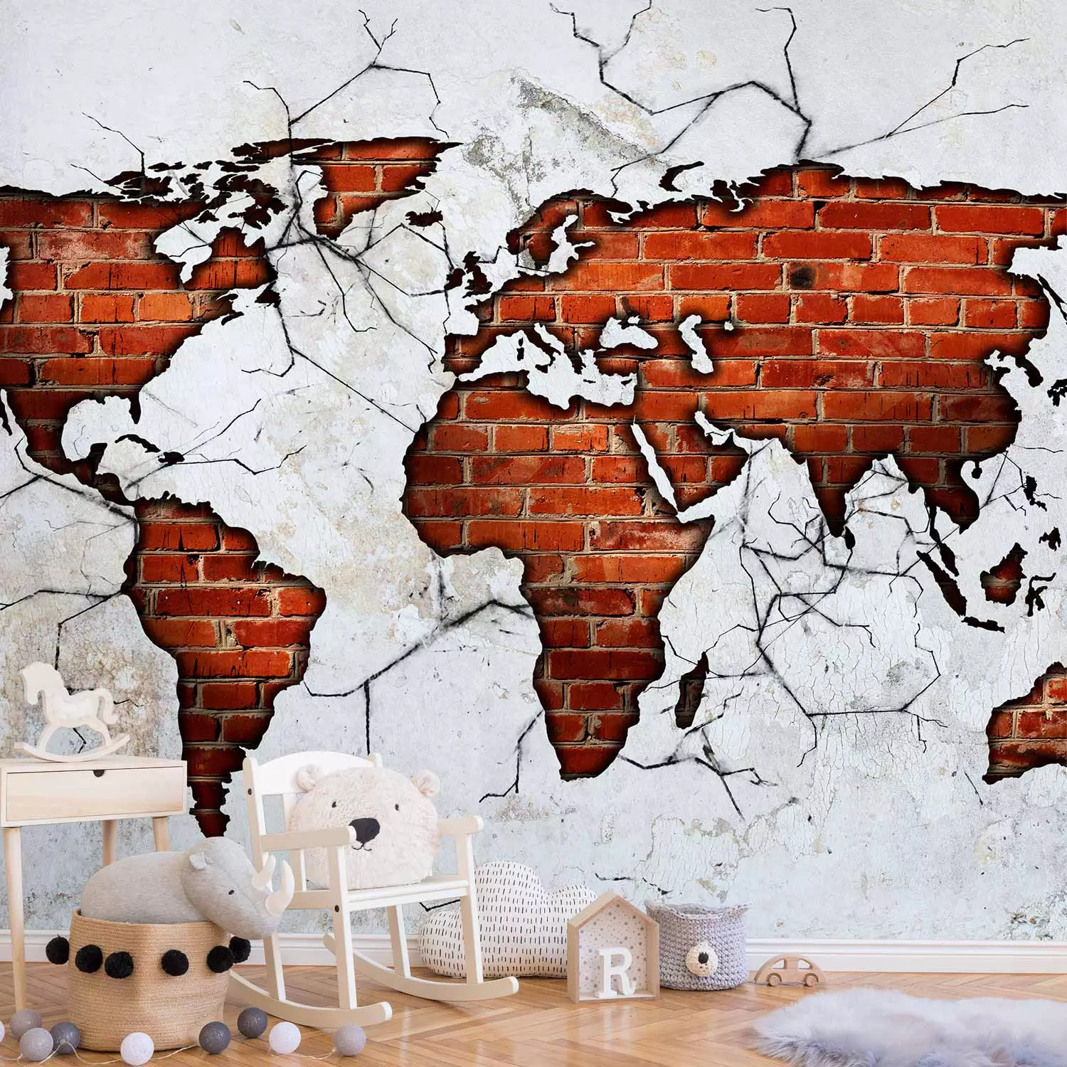 Photo Wallpaper World map - red brick continents on a concrete textured  background - bimago