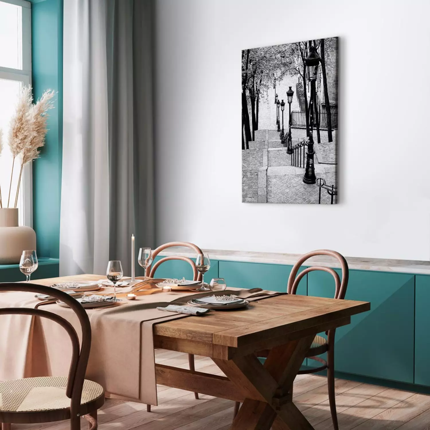 Canvas Print Montmartre Vertical - black and white sidewalks in Paris