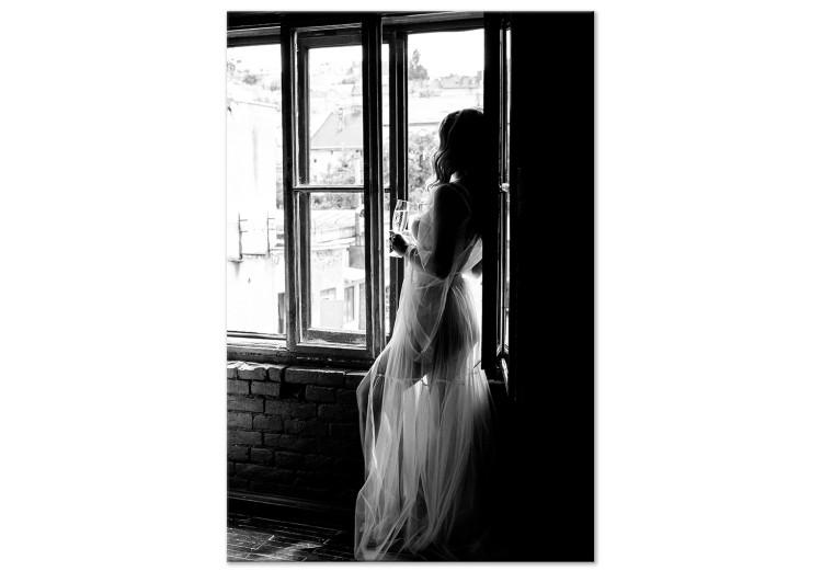 Canvas Woman with champagne - black and white photo with woman silhouette