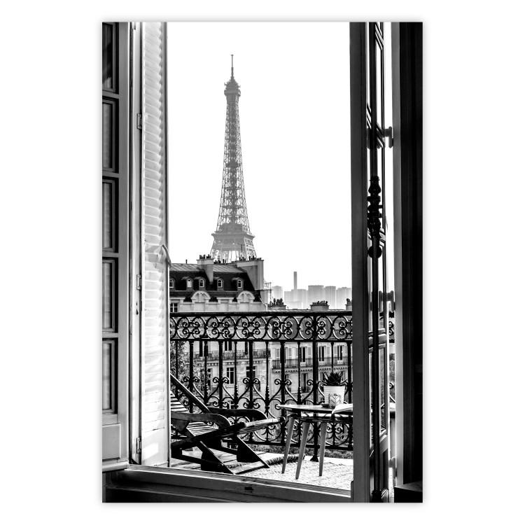 Poster Balcony View - black and white landscape view from a window overlooking the Eiffel Tower