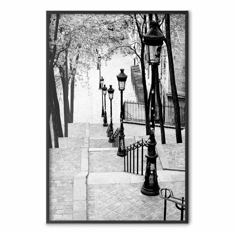 Montmartre - black and white street landscape in the city with many lamps