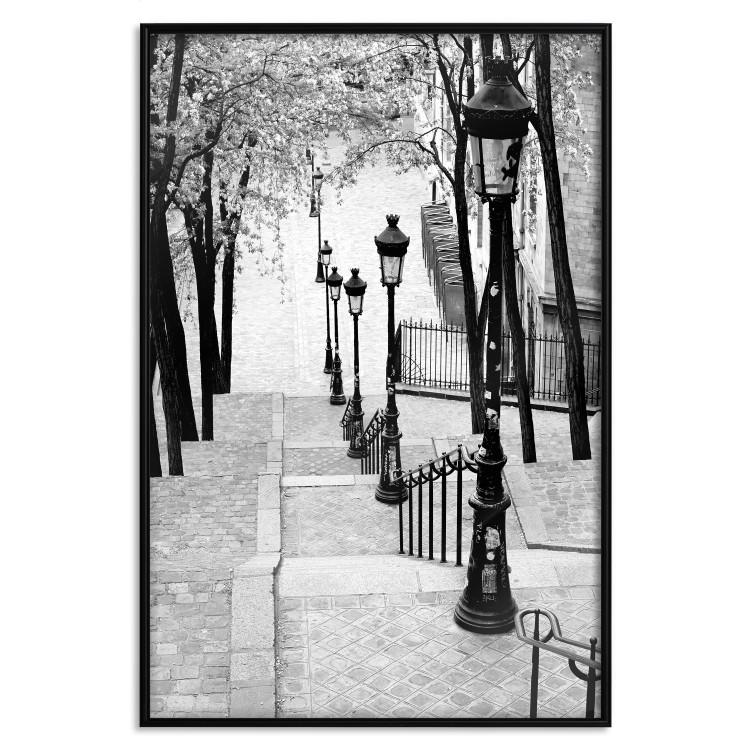 Poster Montmartre - black and white street landscape in the city with many lamps