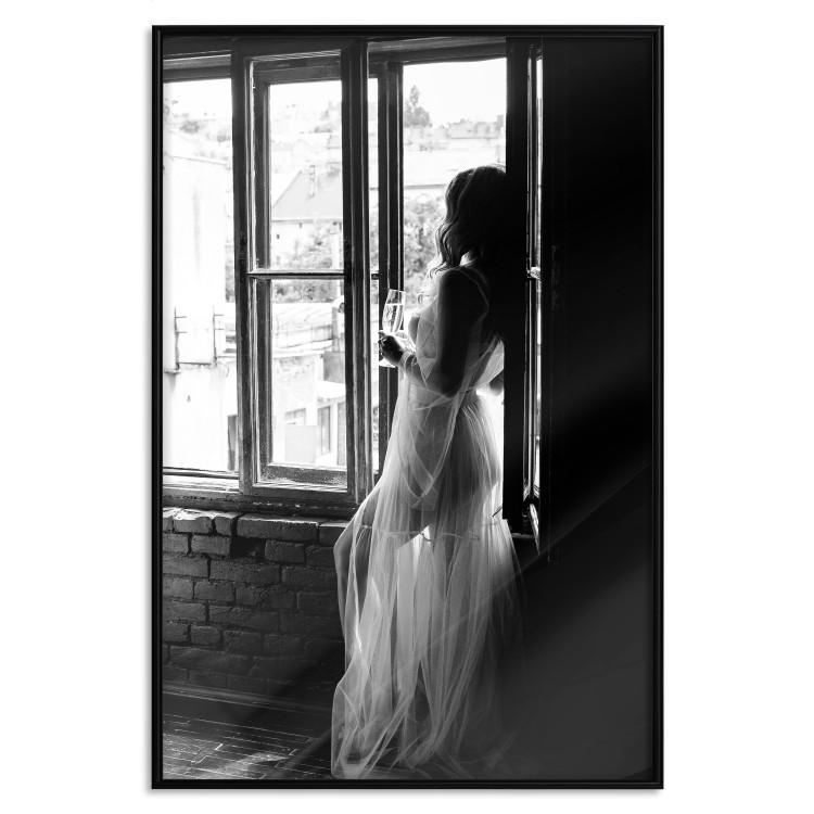 Poster Traveling Memory - black and white landscape of a woman against a window backdrop