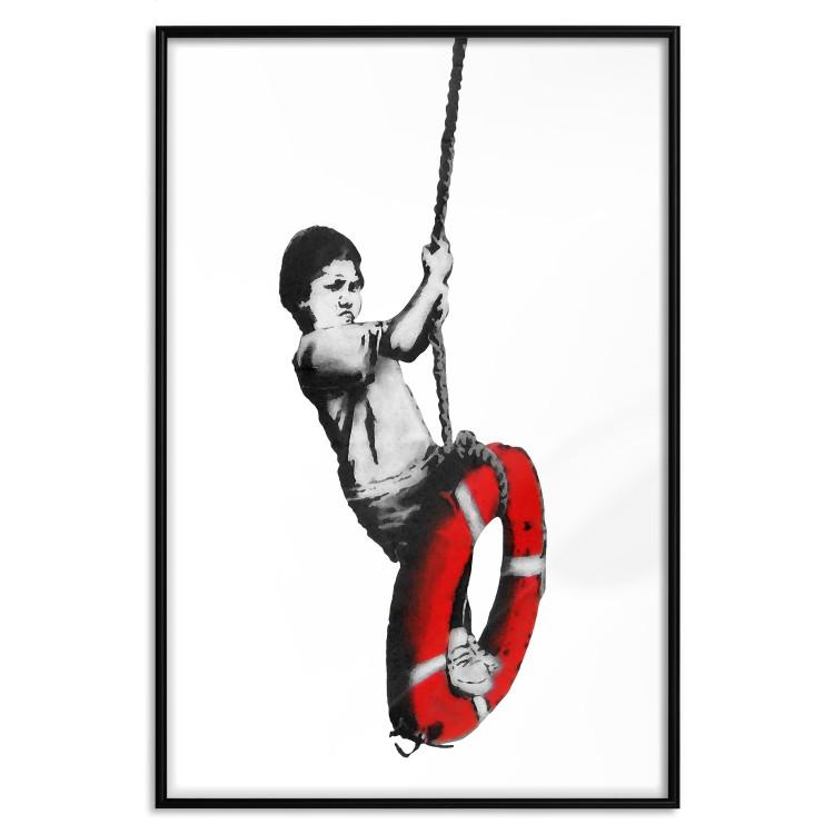 Poster Banksy: Boy on a Swing - black and white boy on a swing with a wheel