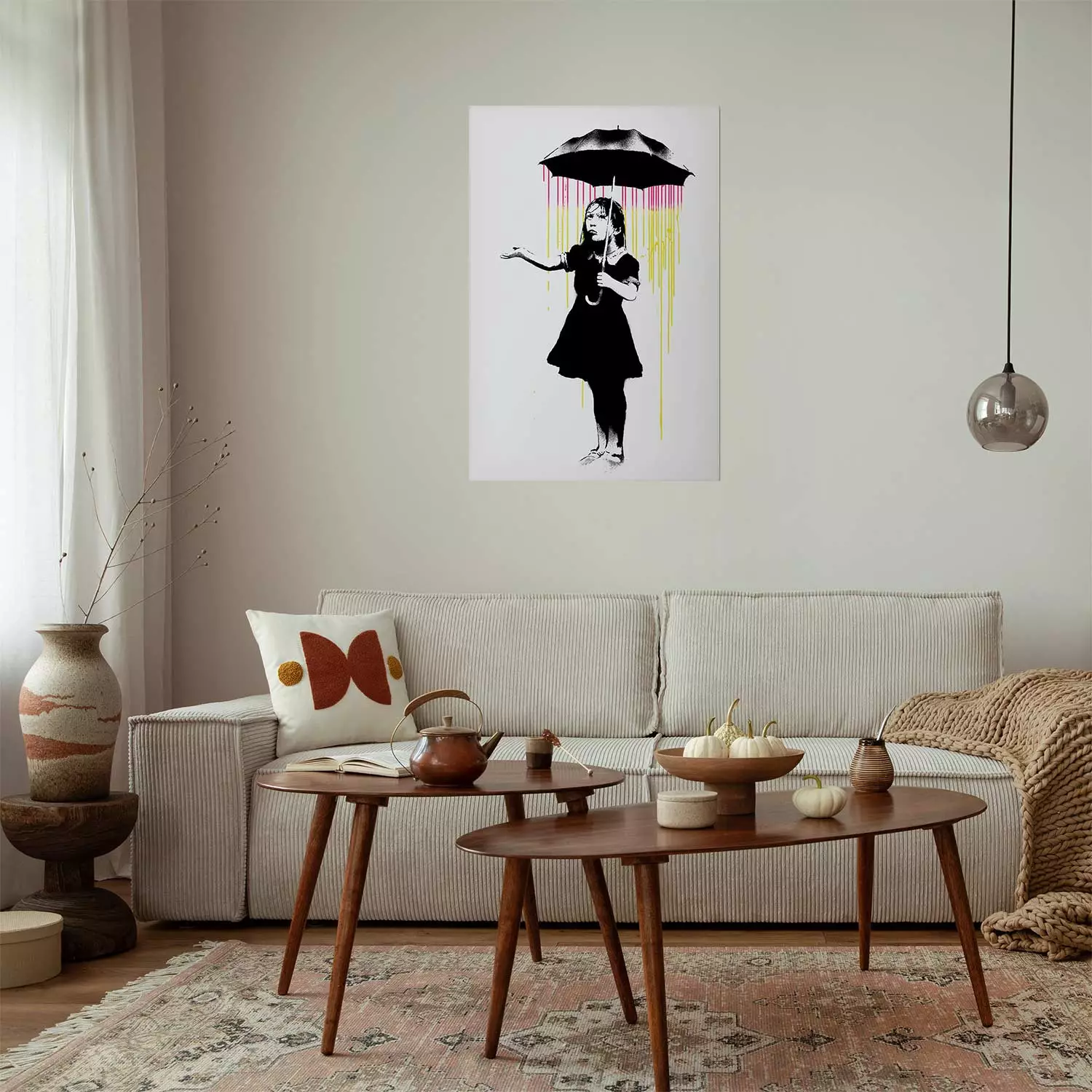 Wall Poster Girl with Umbrella - black and white girl in a colorful rain