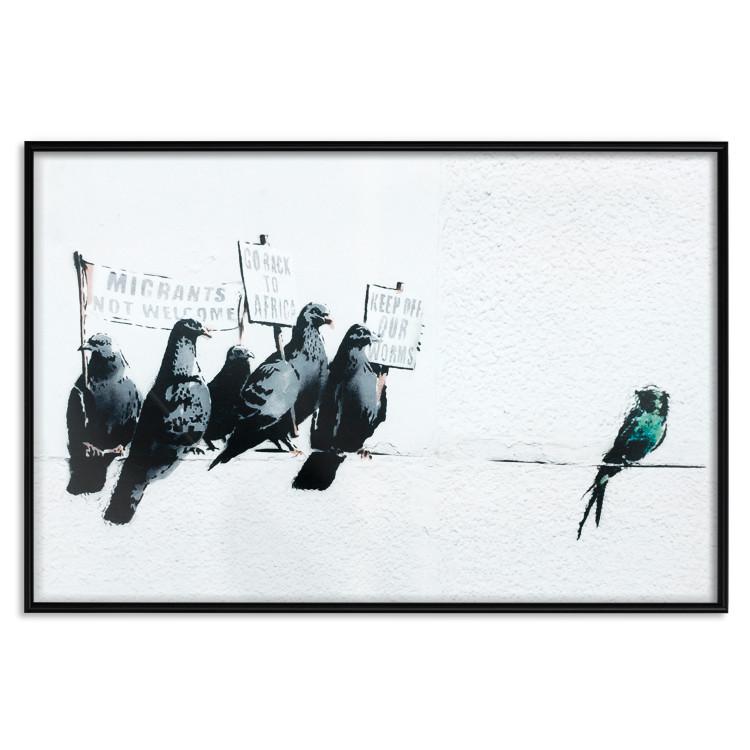 Poster Xenophobic Pigeons - black birds holding signs with slogans