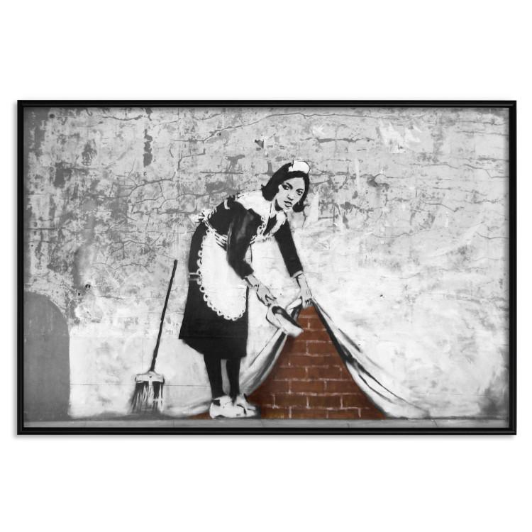 Poster Maid - gray mural of a woman lifting a curtain off a brick wall