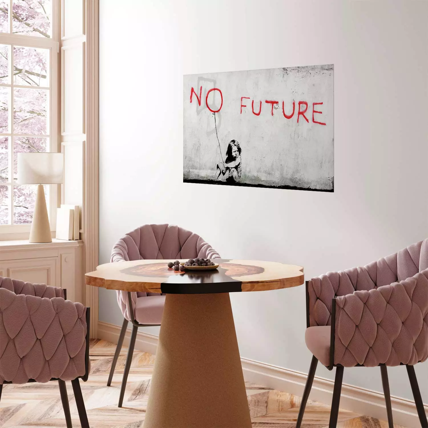 Wall Poster No Future - black and white mural of a girl and red writings
