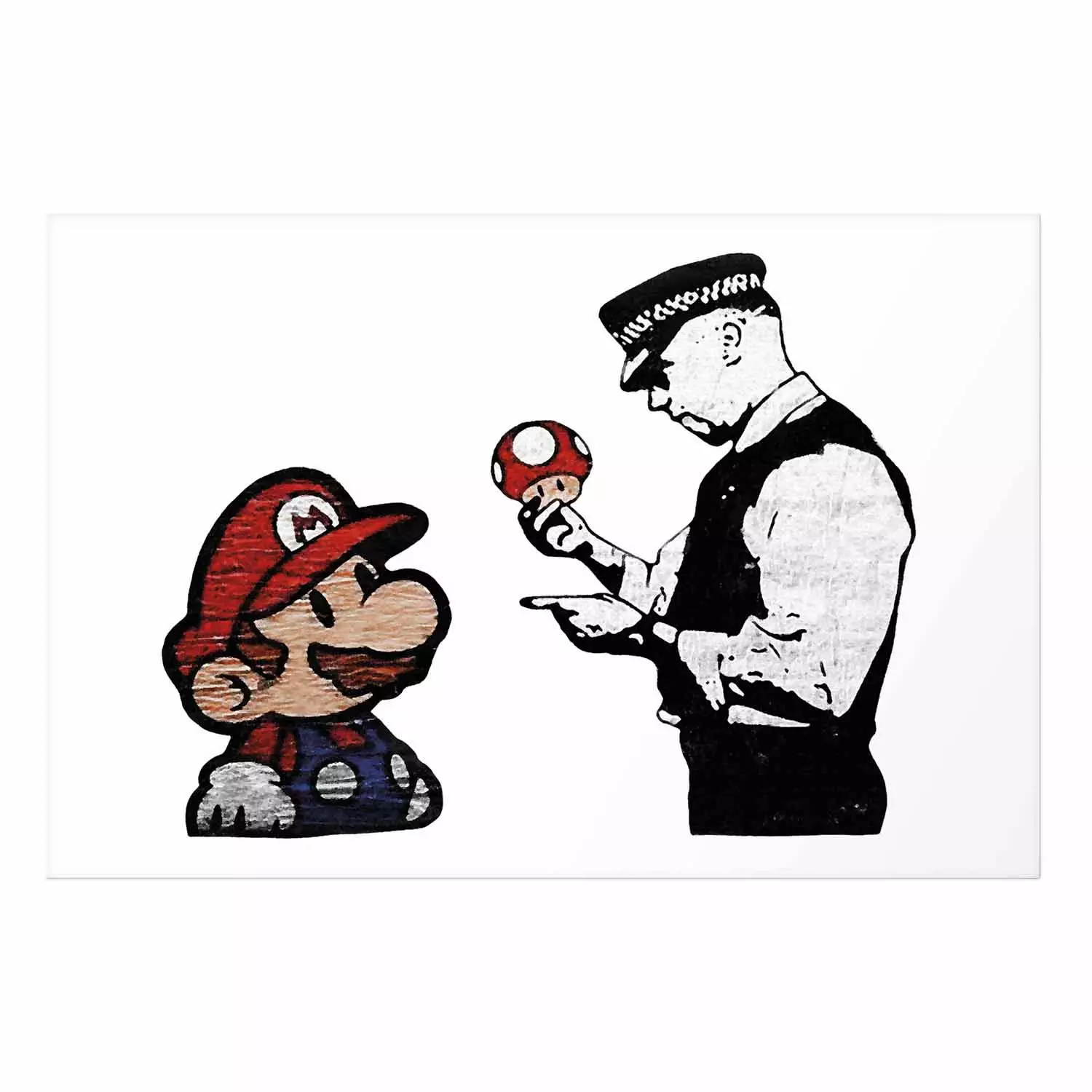 Poster Banksy: Mushroom Picker - colorful character and black policeman on a white background