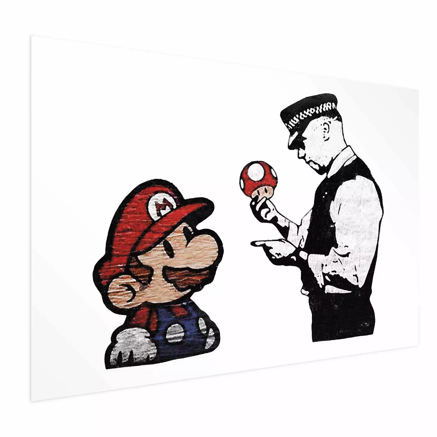 Poster Banksy: Mushroom Picker - colorful character and black policeman on a white background
