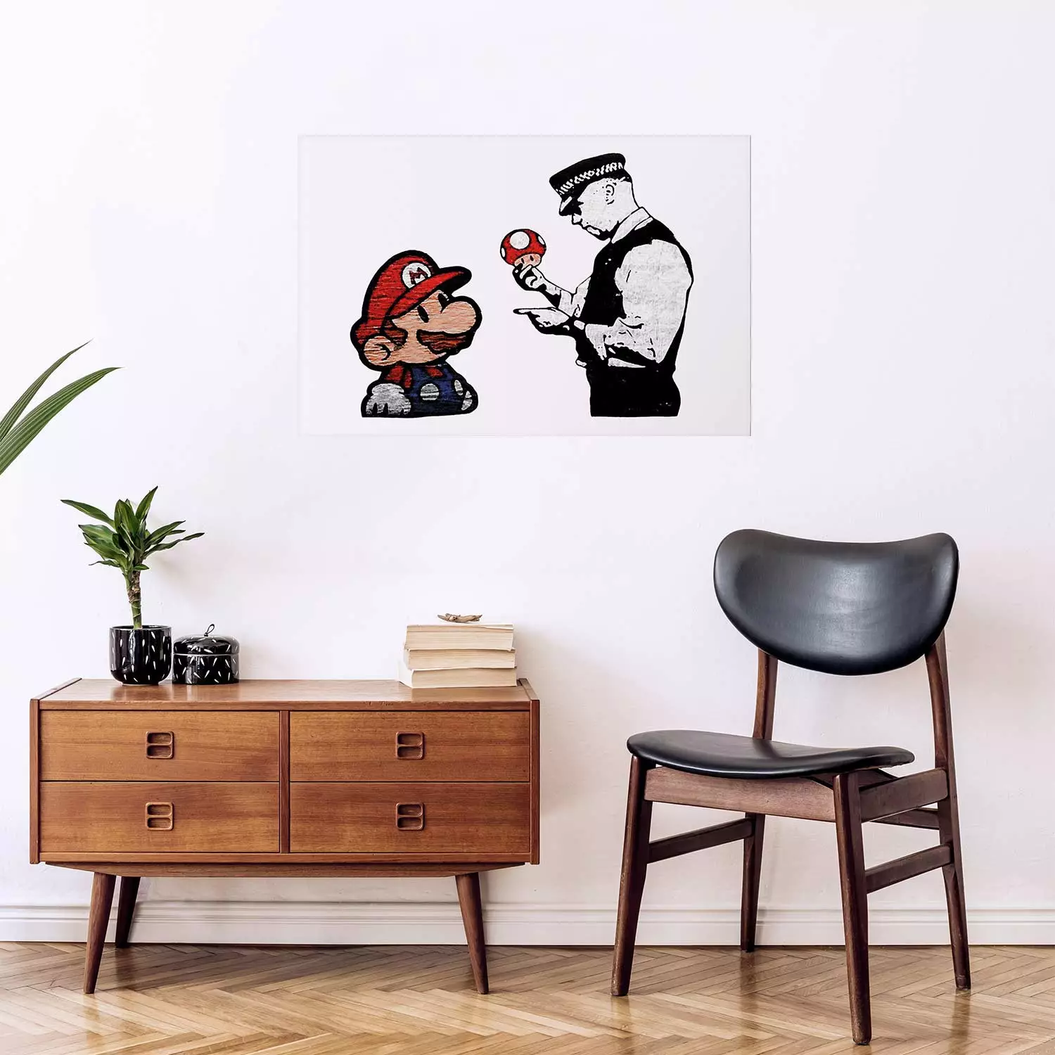Poster Banksy: Mushroom Picker - colorful character and black policeman on a white background