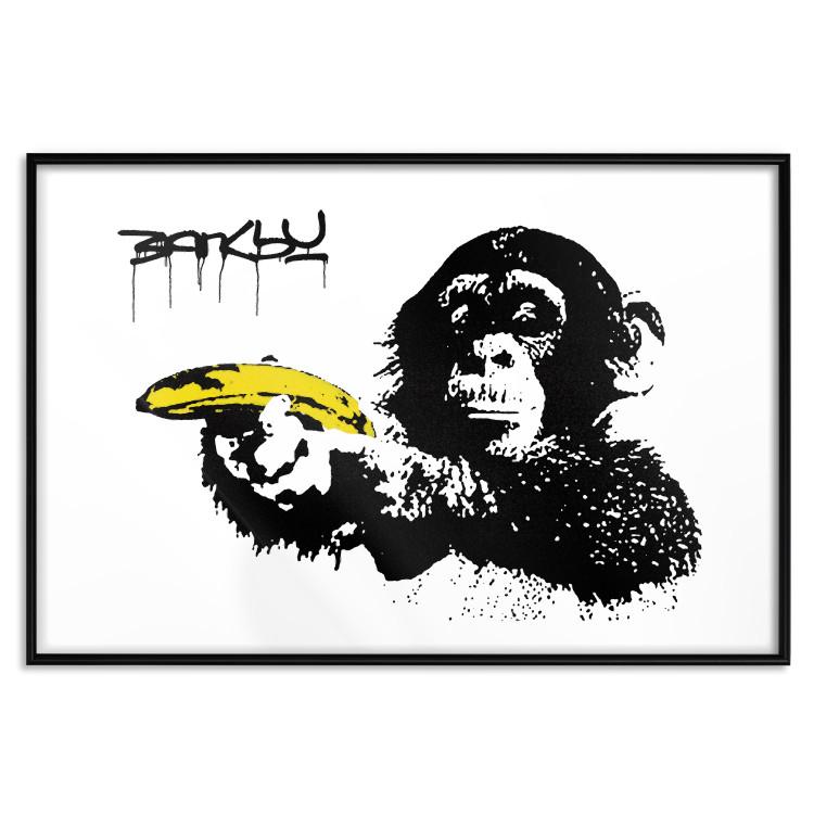 Poster Banksy: Monkey with Banana - black animal with a yellow fruit on a white background