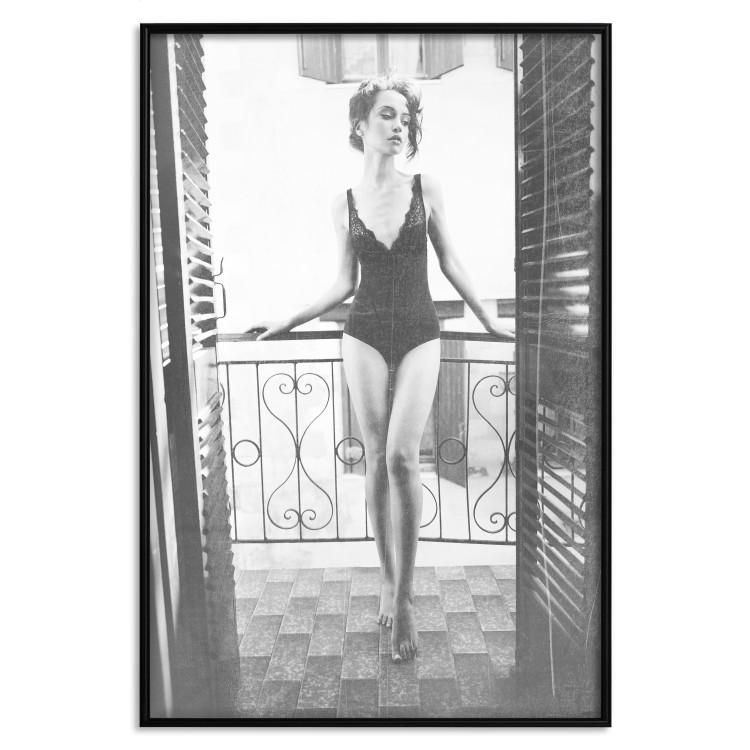 Poster Petite Woman - black and white photograph of a slender woman on a balcony