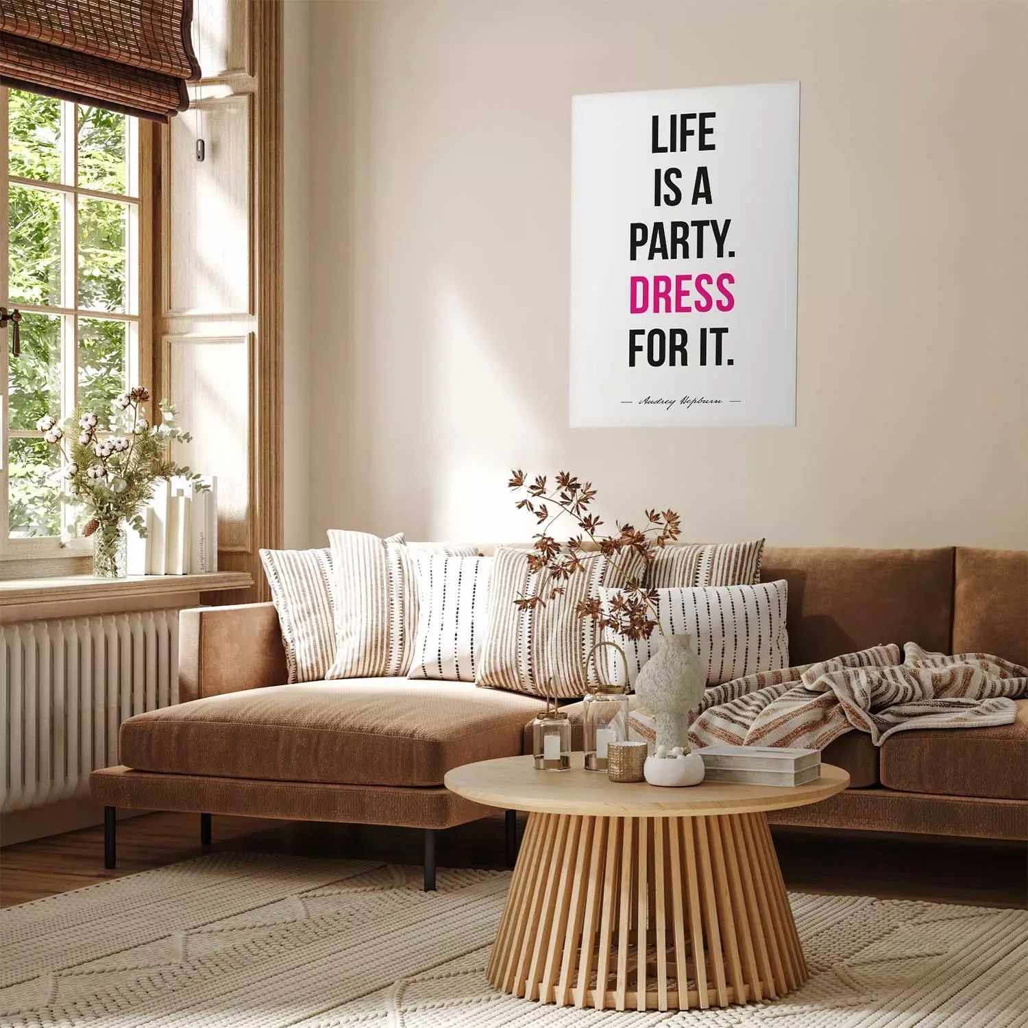 Wall Poster Life Is a Party - black and pink English quotes on a white background