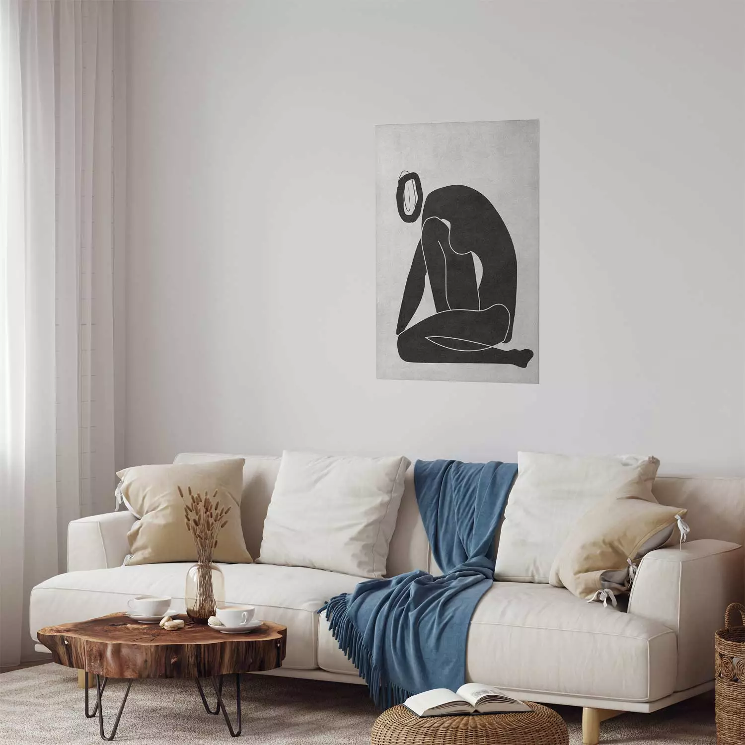 Poster Figure in Contemplation - dark silhouette of a kneeling woman on a gray background