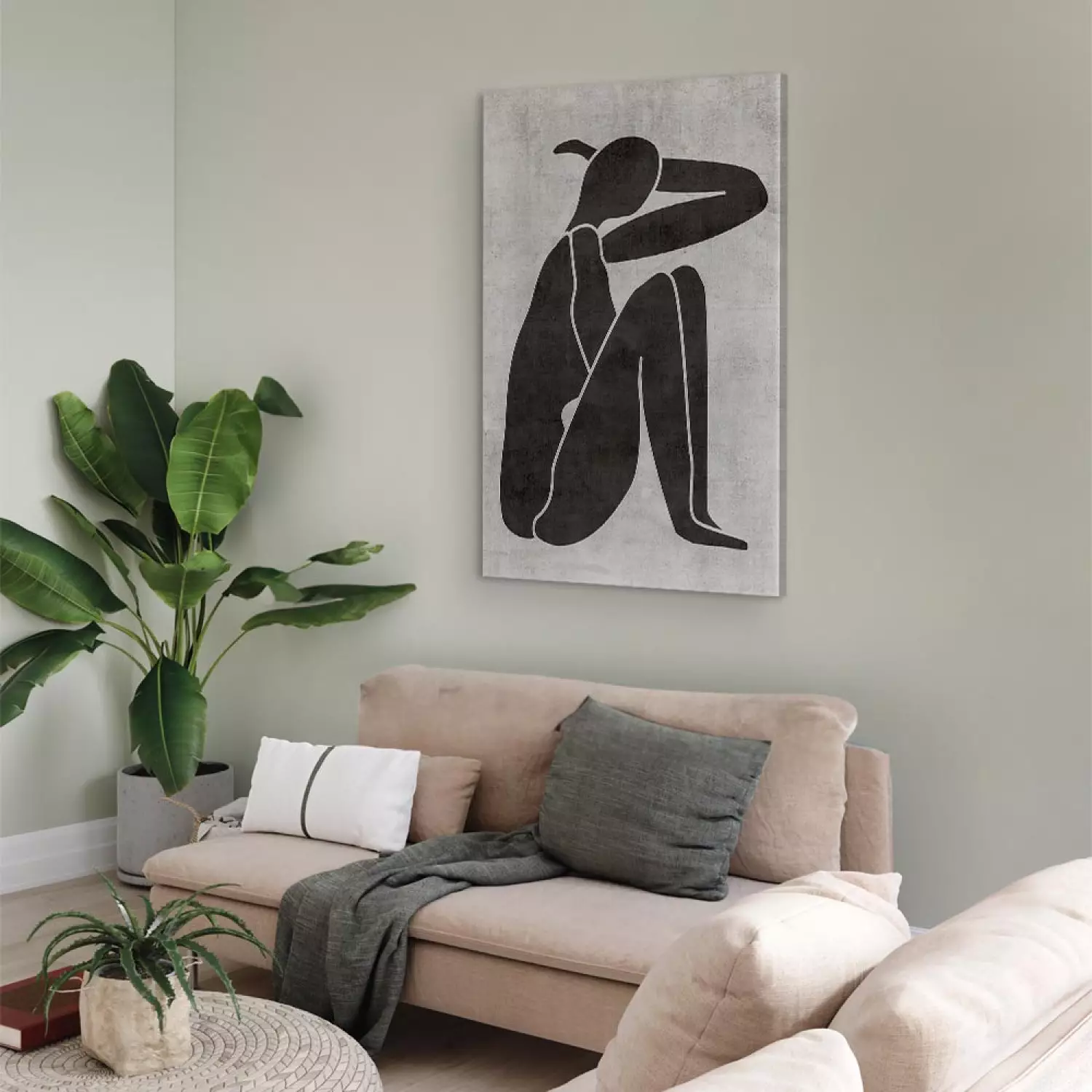 Canvas Pensive woman silhouette - black-white graphic in scandi boho style