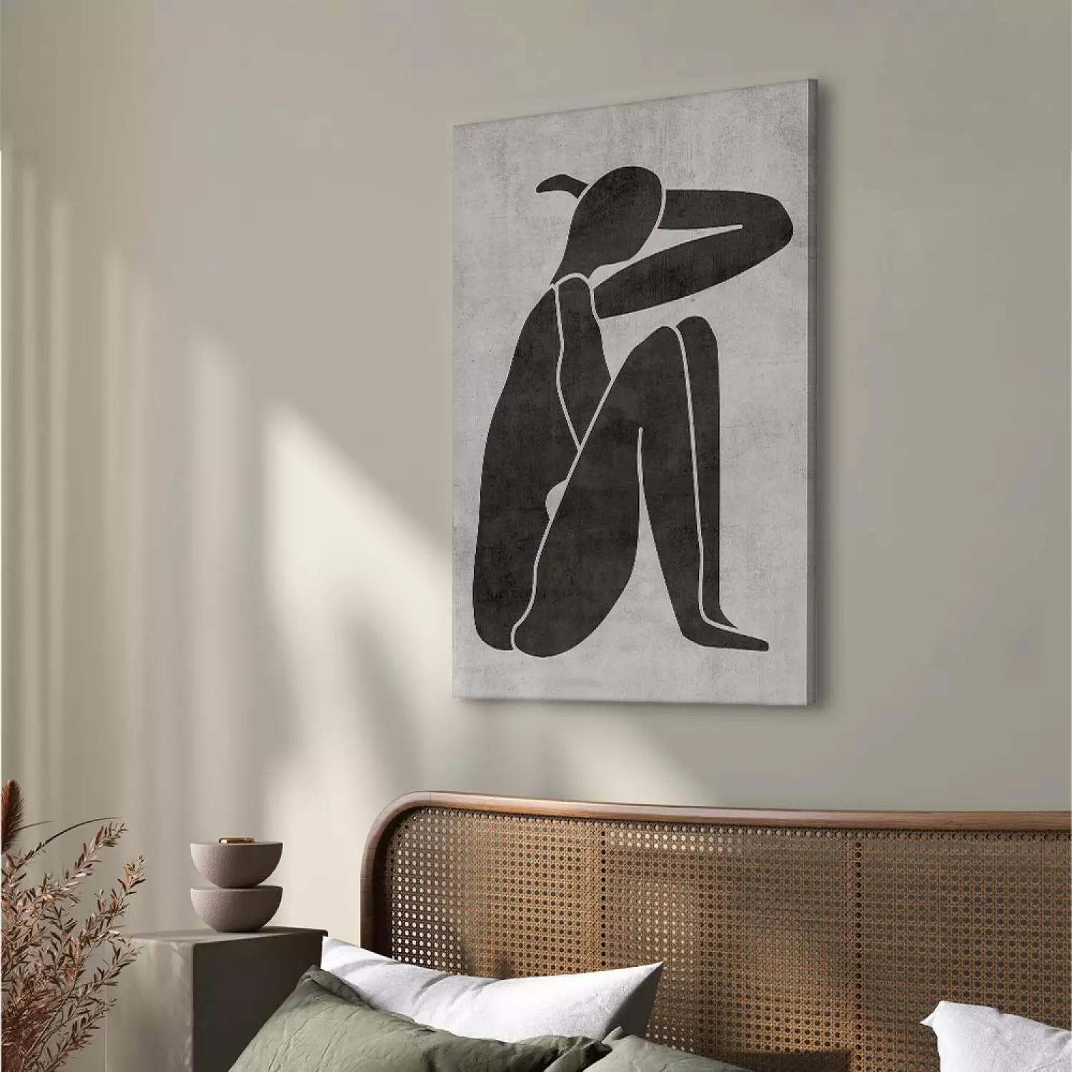 Canvas Pensive woman silhouette - black-white graphic in scandi boho style