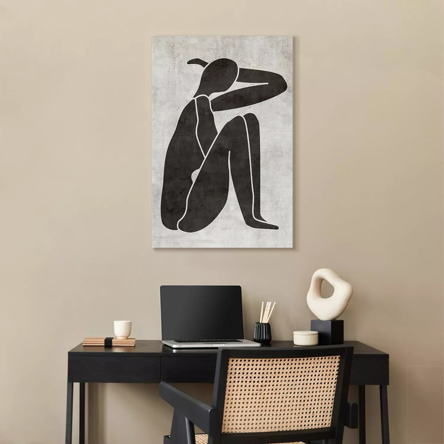Canvas Pensive woman silhouette - black-white graphic in scandi boho style