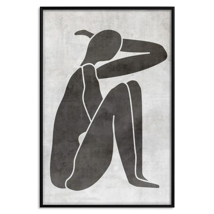 Poster Contemplative Amelia - black silhouette of a crouching woman on a gray background
