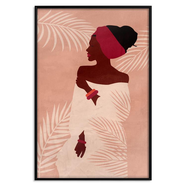 Poster Relaxing Under Palm Trees - dark-skinned woman against a background of palms and a pink wall
