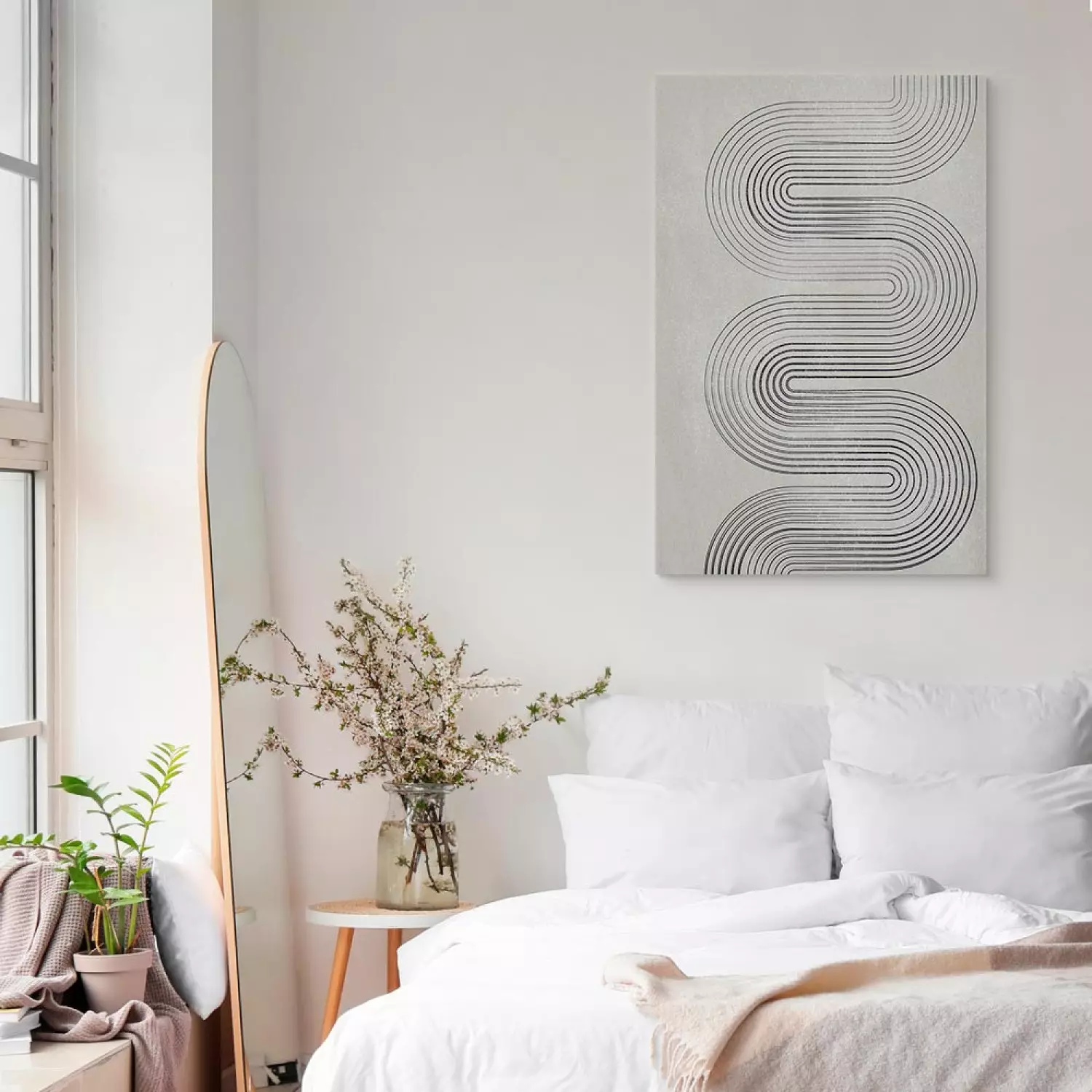 Canvas Art Print Symmetrical black wave - abstraction in grey tones in japandi style